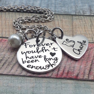 May include: Silver necklace with a round charm that reads "Forever wouldn't have been long enough" and a heart-shaped charm with a cat silhouette and the name "Charlie" engraved on it.