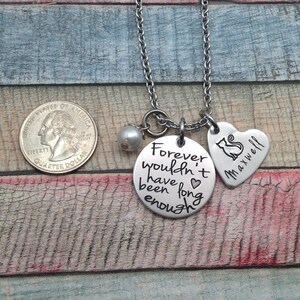 May include: Silver necklace with a round charm that reads "Forever wouldn't have been long enough" and a heart charm with a cat silhouette and the name "Maxwell".