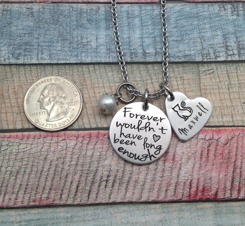 May include: Silver necklace with a round charm that reads "Forever wouldn't have been long enough" and a heart charm with a cat silhouette and the name "Maxwell".