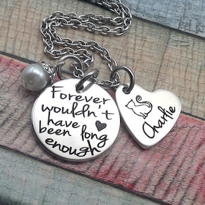 May include: Silver necklace with two charms. One charm is a round disc with the text "Forever wouldn't have been long enough" and a small heart. The other charm is a heart-shaped disc with a cat silhouette and the name "Charlie" engraved on it.