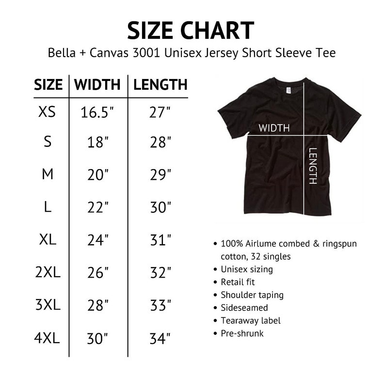 Pu&ograve; includere: Una maglietta nera a maniche corte con una tabella delle taglie. La tabella elenca le taglie dalla XS alla 4XL, con le corrispondenti misure di larghezza e lunghezza in pollici. Caratteristiche: taglie unisex, vestibilit&agrave; retail e tessuto prelavato.