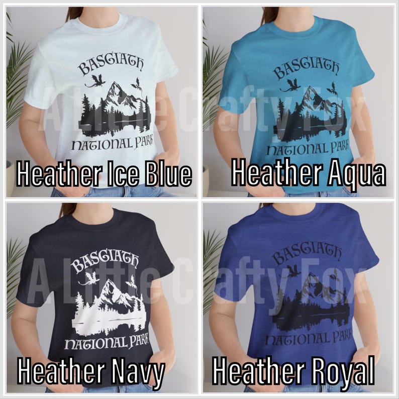 May include: Four heather t-shirts in ice blue, aqua, navy, and royal blue. Each shirt features a mountain and lake graphic with the text "BASGIATH NATIONAL PARK". The shirts are short-sleeved.