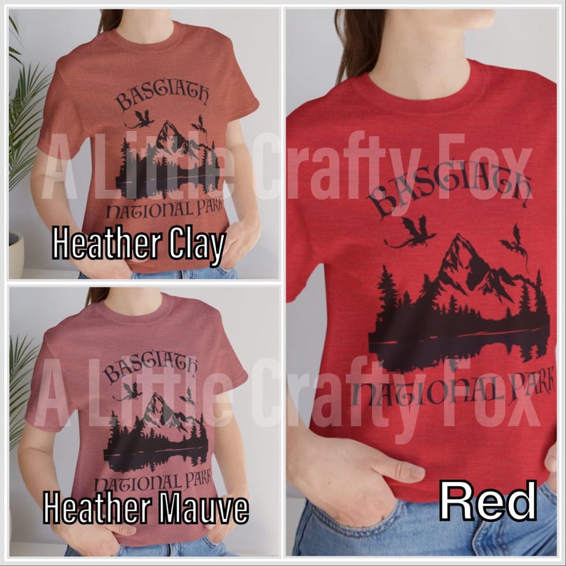 May include: Three t-shirts in heather clay, heather mauve, and red. Each shirt features a black graphic of mountains, trees, and birds, with the text "BASGIATH NATIONAL PARK". The shirts are short-sleeved.