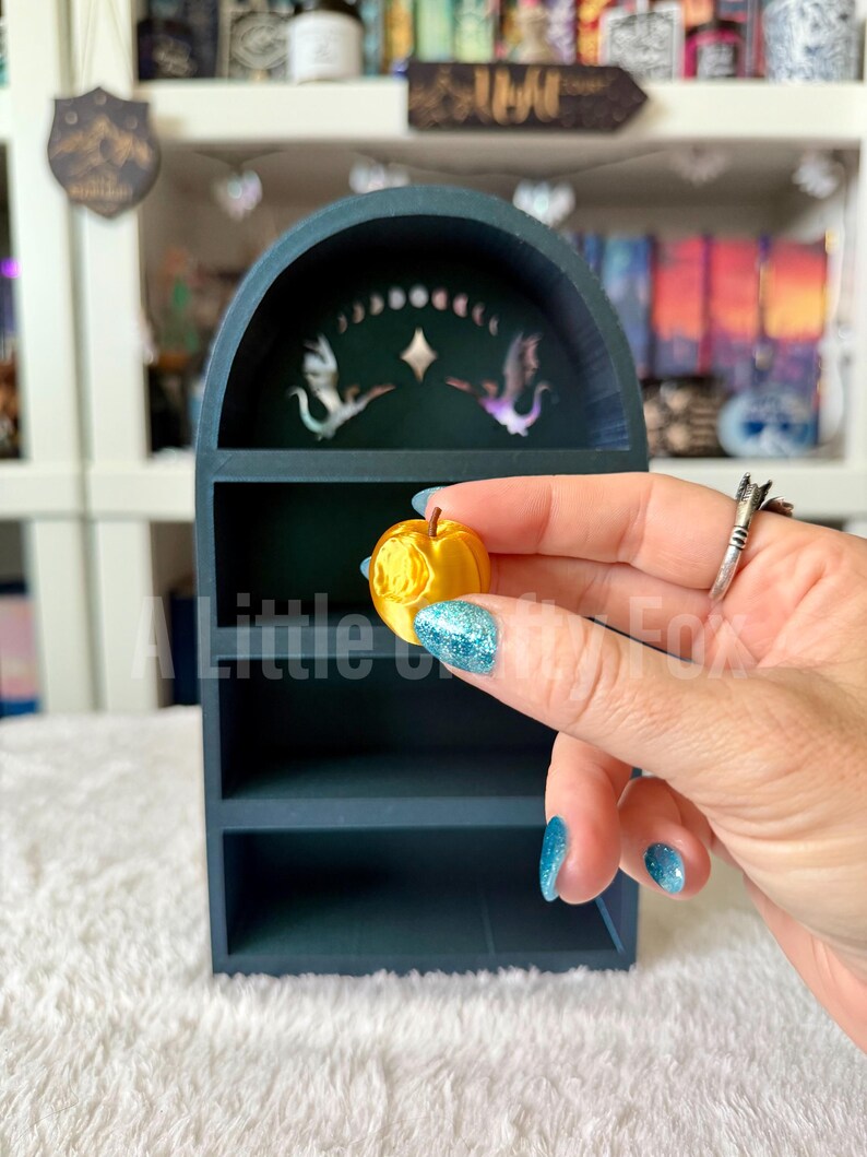 May include: A teal-colored, arched shelf with two shelves. The top of the shelf has a decorative design with two birds and a moon phase. A small, yellow, apple-shaped object is held in front of the shelf.