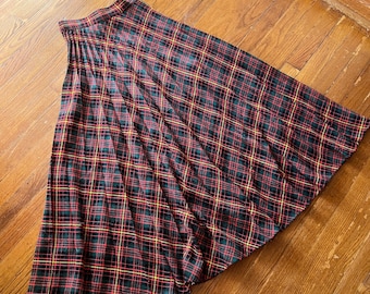 1960s  red green and yellow plaid pleated maxi skirt