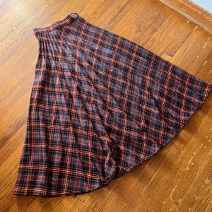 1960s  red green and yellow plaid pleated maxi skirt