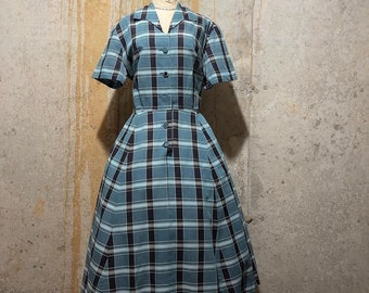 Vintage 1940s Dress 40s Green Cotton Plaid Dress M SM