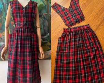 1970s Red Plaid pinafore with removable top