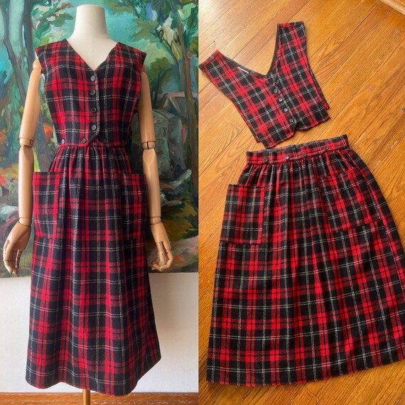 1970s Red Plaid pinafore with removable top - image 1