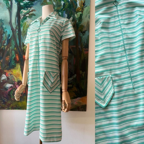 1960s  early 70s green and white striped shift dr… - image 3