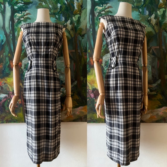 1950s 1960s Black and White Plaid Shift Dress - image 1