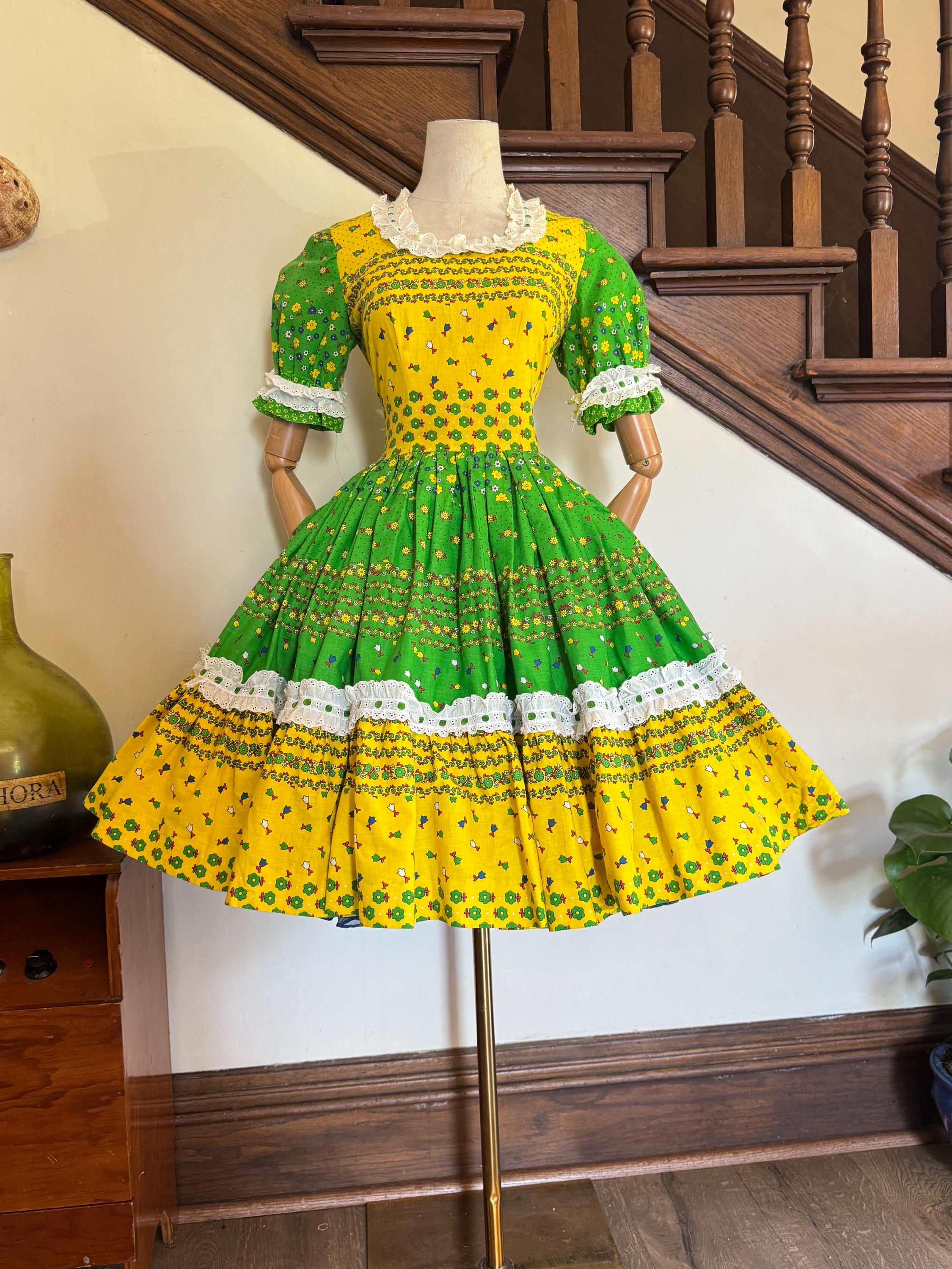 1960s green and yellow floral print patio dress