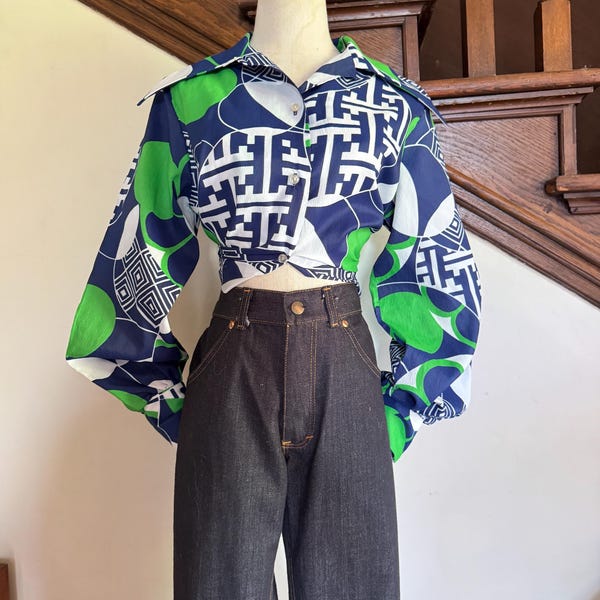 1970s Green & Blue Op Art Balloon Sleeve Blouse