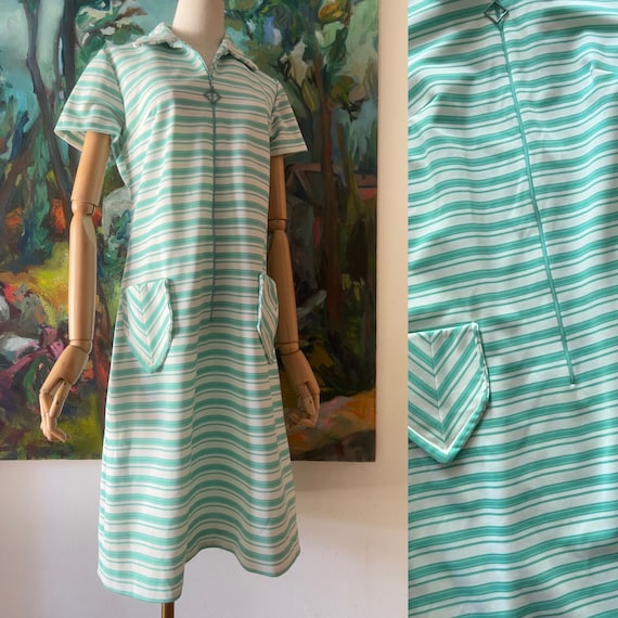1960s  early 70s green and white striped shift dr… - image 4