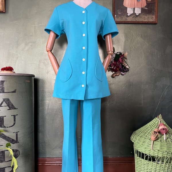 1970s  Bright Blue Textured Pantsuit