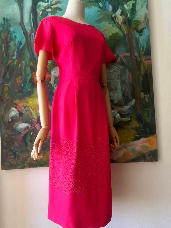 1950s  hot pink chiffon floral eyelet dress - image 4