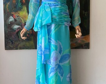 1990s Victor Costa Blue and Green Floral Print Chiffon Gown