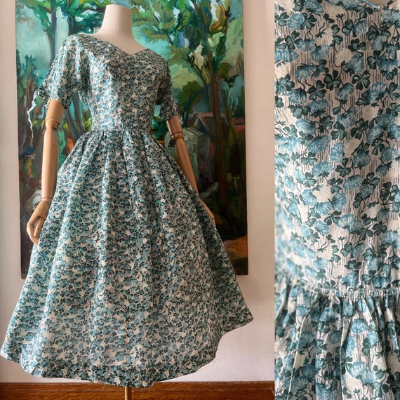1950s Blue Short Sleeve Dress with Mohair Details