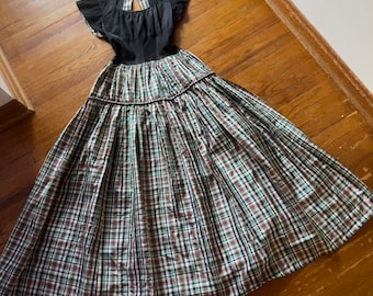 1940s Taffeta Rainbow Plaid Fit and Flare Dress With Keyhole Back