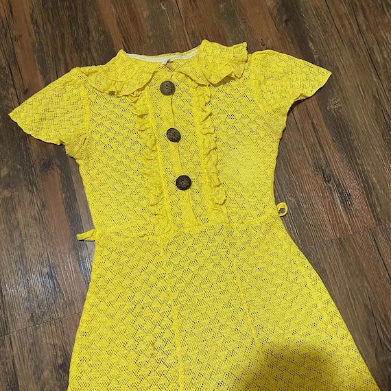 1930s bright yellow cotton knit dress with wooden