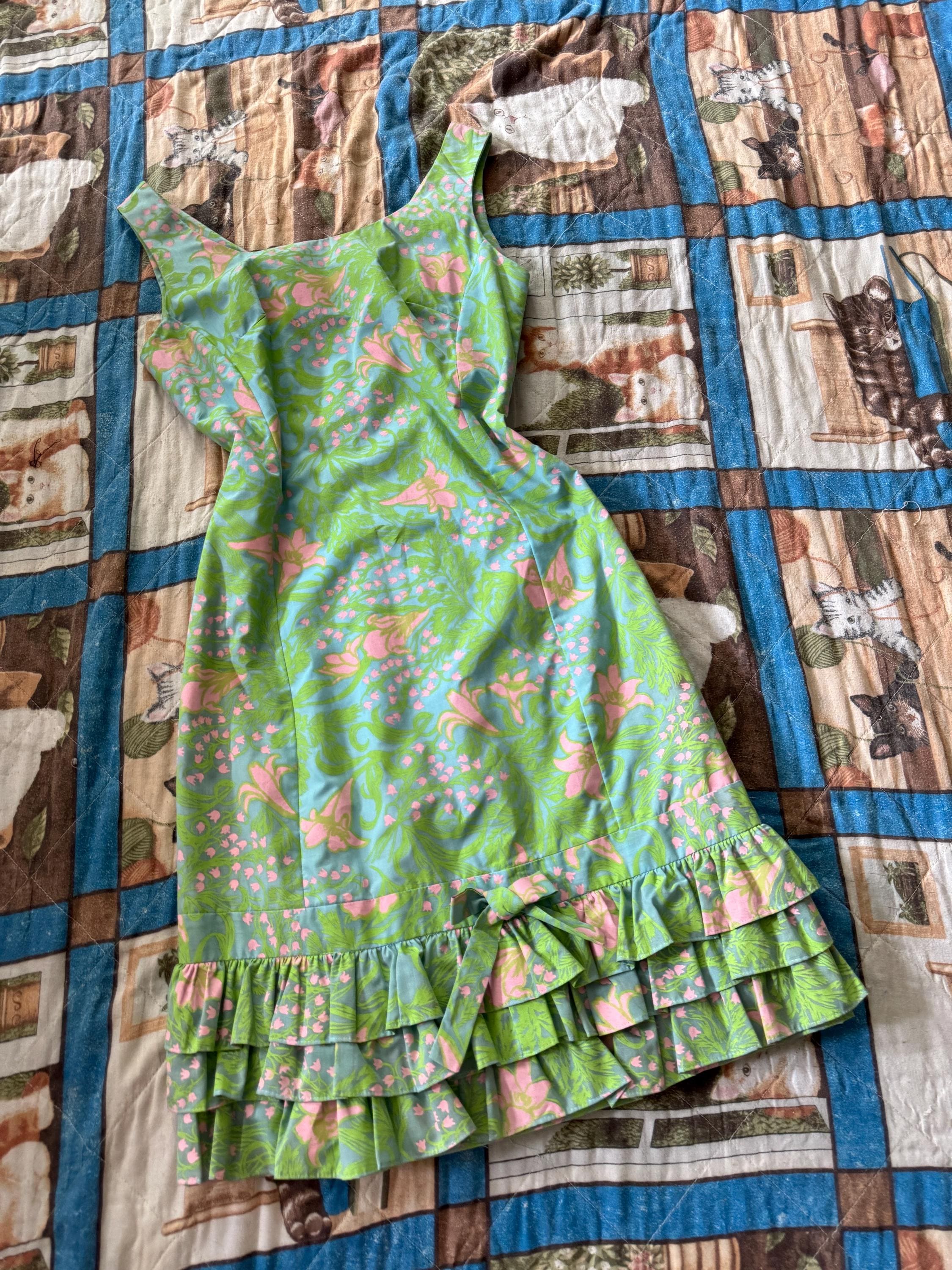 1960s  Green , Blue & Pink Lilly Print Sheath Dress