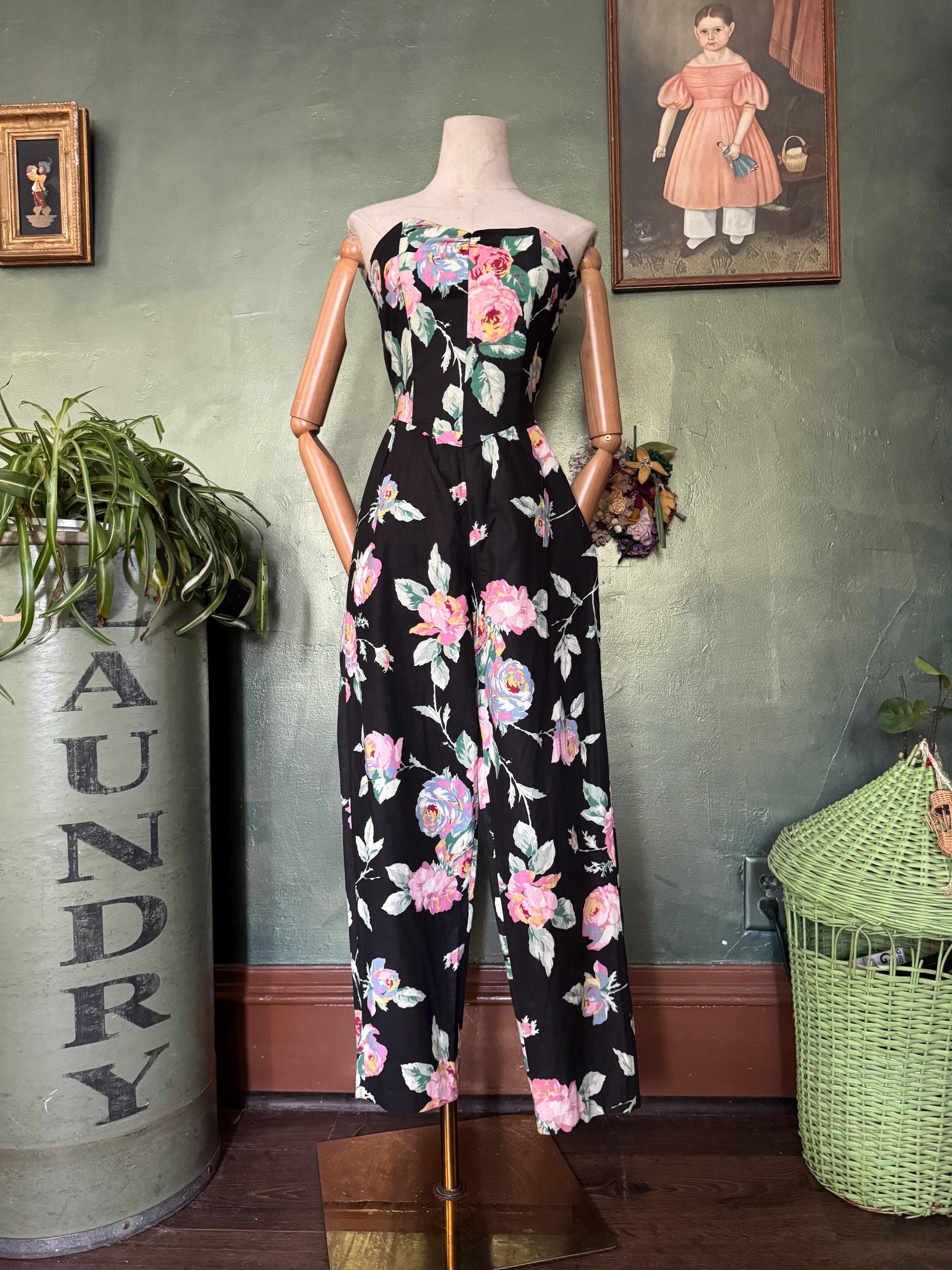1980s  Black & Pink Cabbage Rose Strapless Jumpsuit