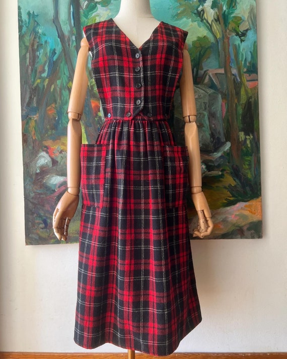 1970s Red Plaid pinafore with removable top - image 4