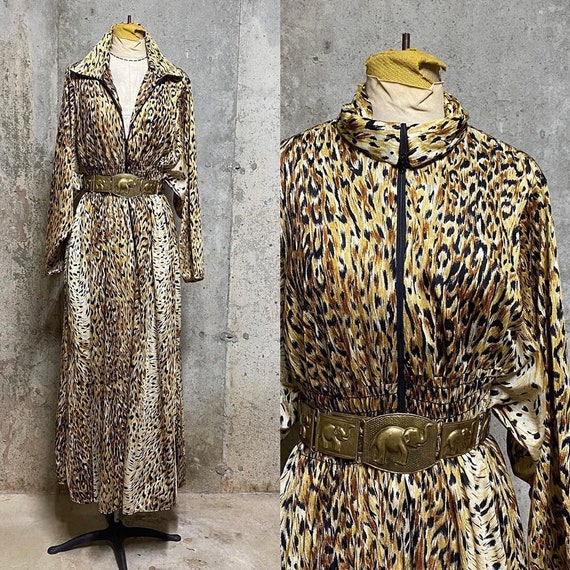 1960s cheetah print kaftan front zip maxi dress