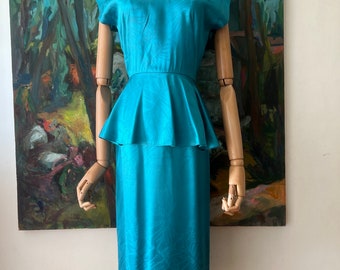 1980s  Teal Leaf Print Peplum Dress