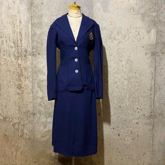 1950s Deep Blue Linen Suit With Metallic Decals