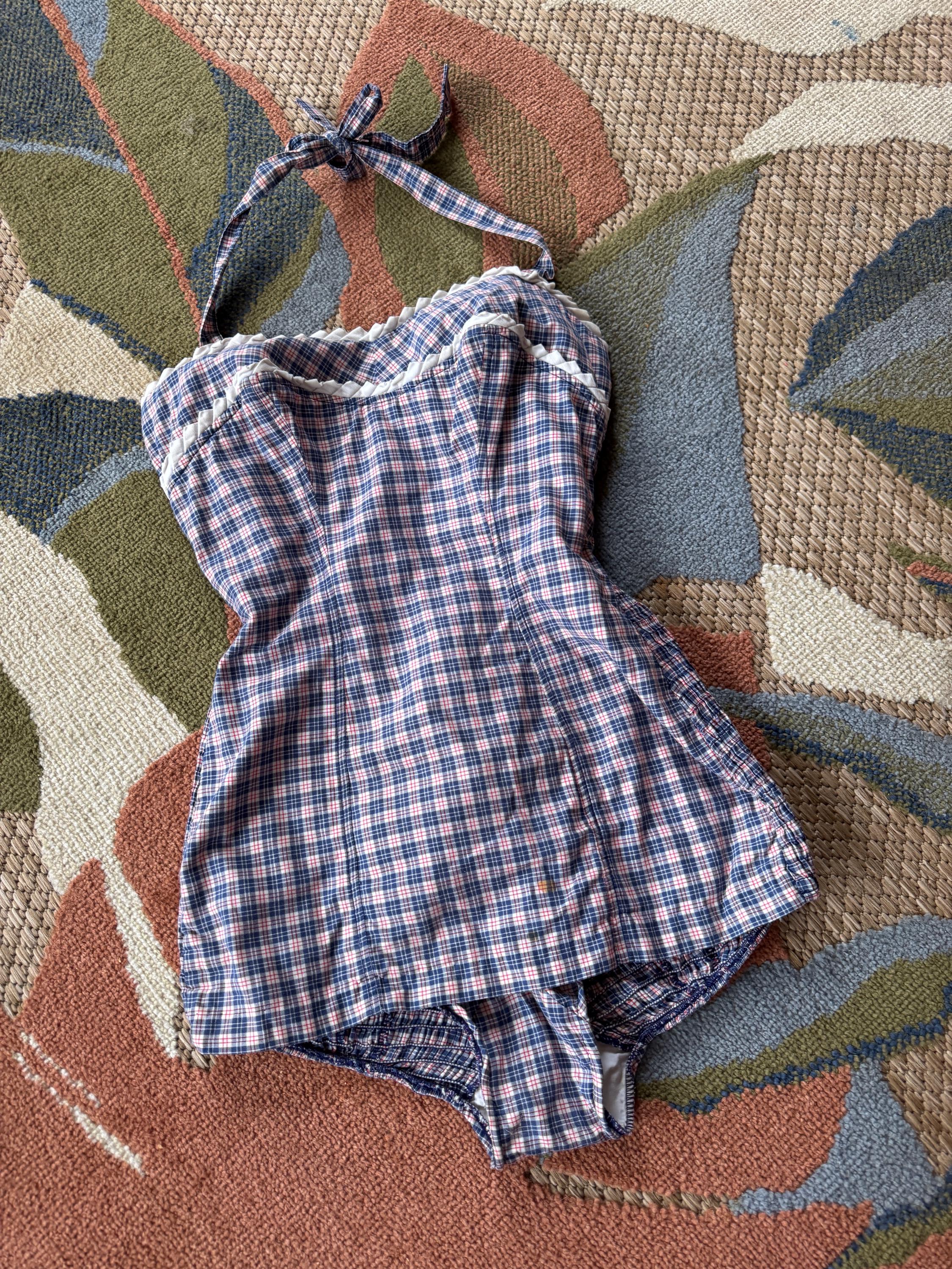 1950s Blue plaid smocked swimsuit
