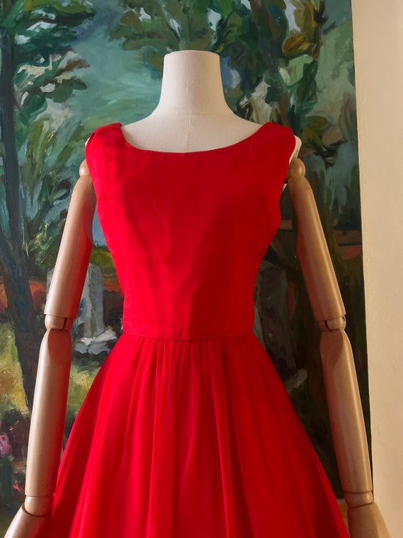 1960s  Red Chiffon Fit and Flare Dress - image 3