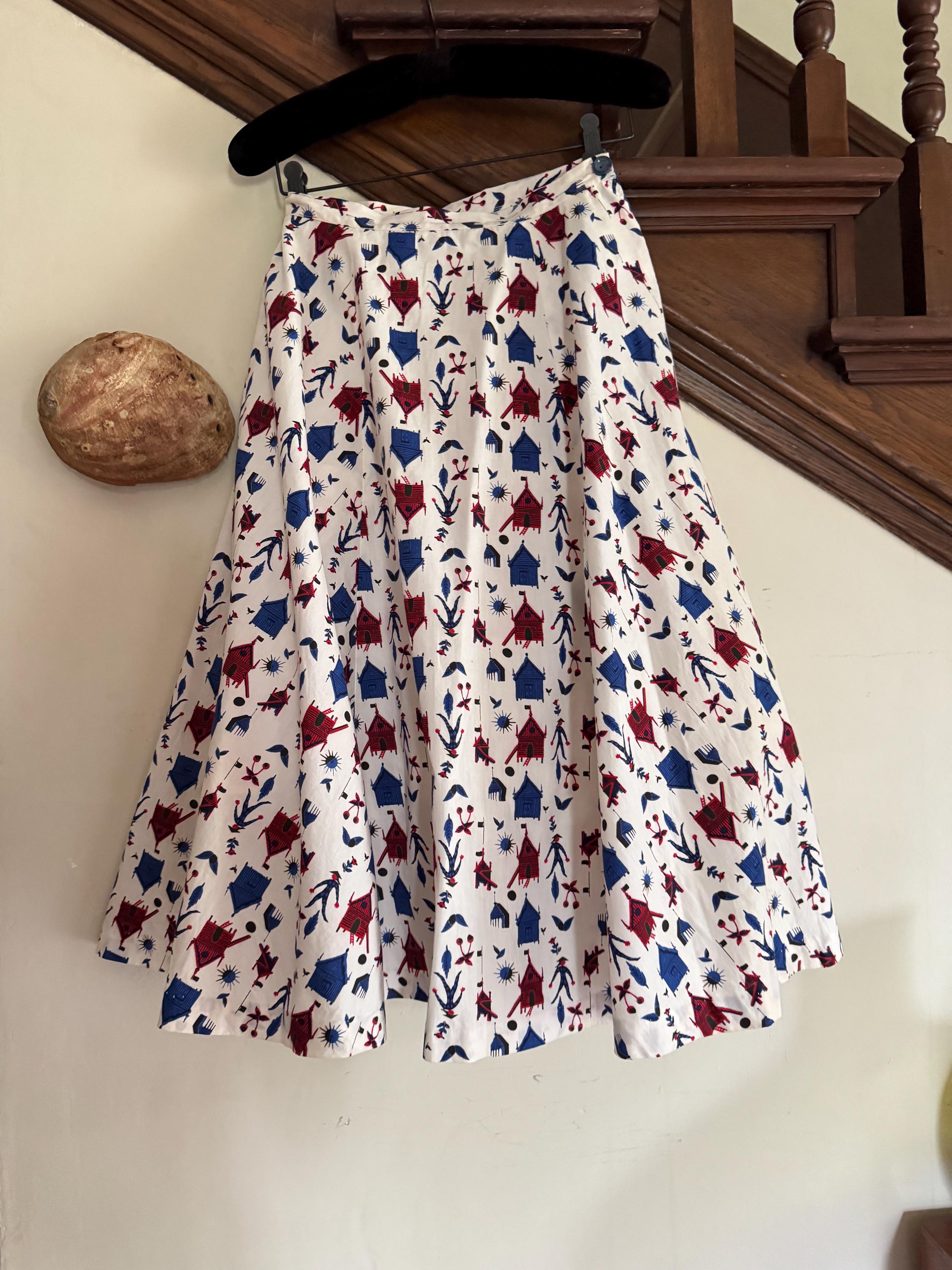 1950s  Blue and Red Harleqiun Print Gored Skirt