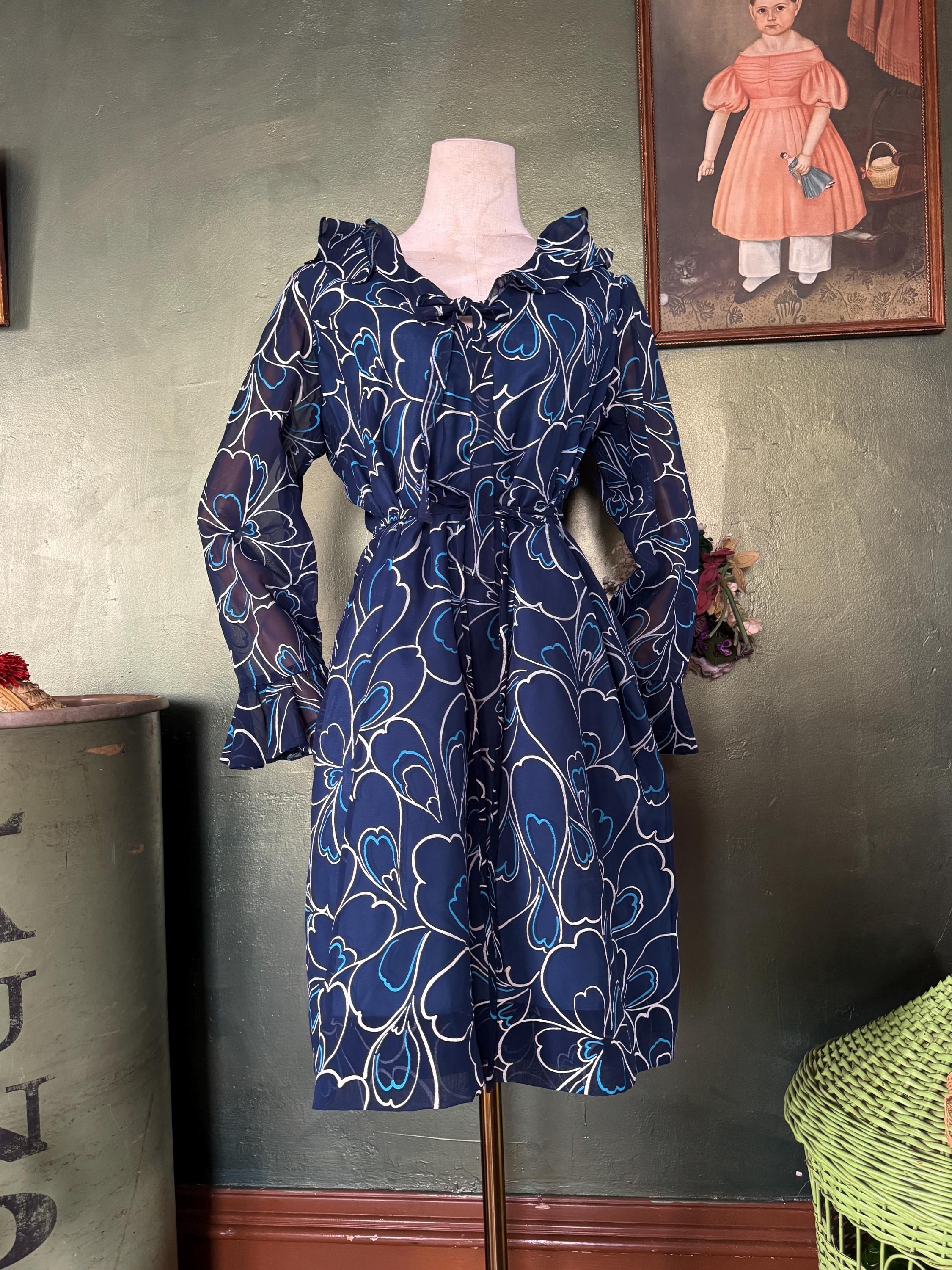 1960s  Blue Floral Ruffled Dress