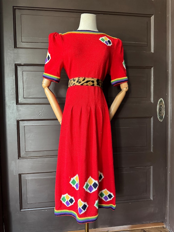 1980s  Red and rainbow knit dress - image 1