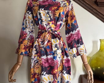 1960s  Melting Floral Print Flare Sleeve Dress