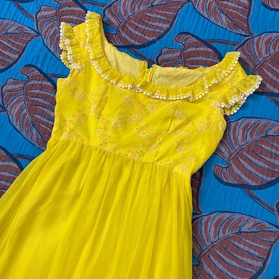 1970s Bright Yellow Floral Maxi Dress