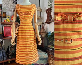 1950s Orange and brown striped sheath dress