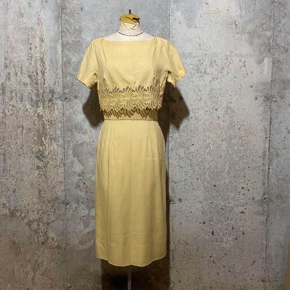 1950s Light Yellow Floral Dress Set