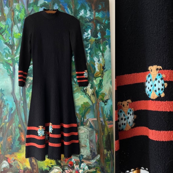 1970s  Novelty Ladybug Embroidered Knit Dress  - image 3