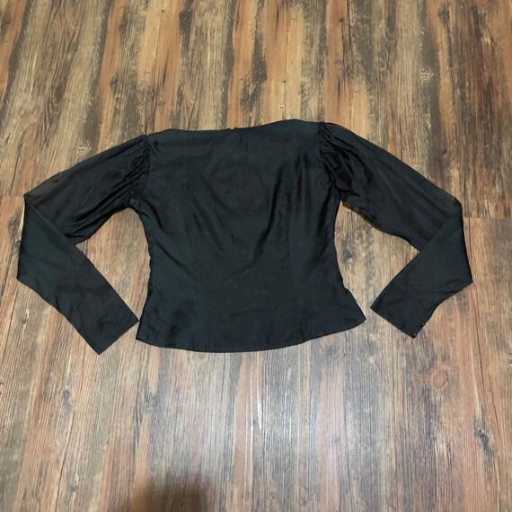 1960s 1970s Black Organza Mutton Chop Sleeve Blous