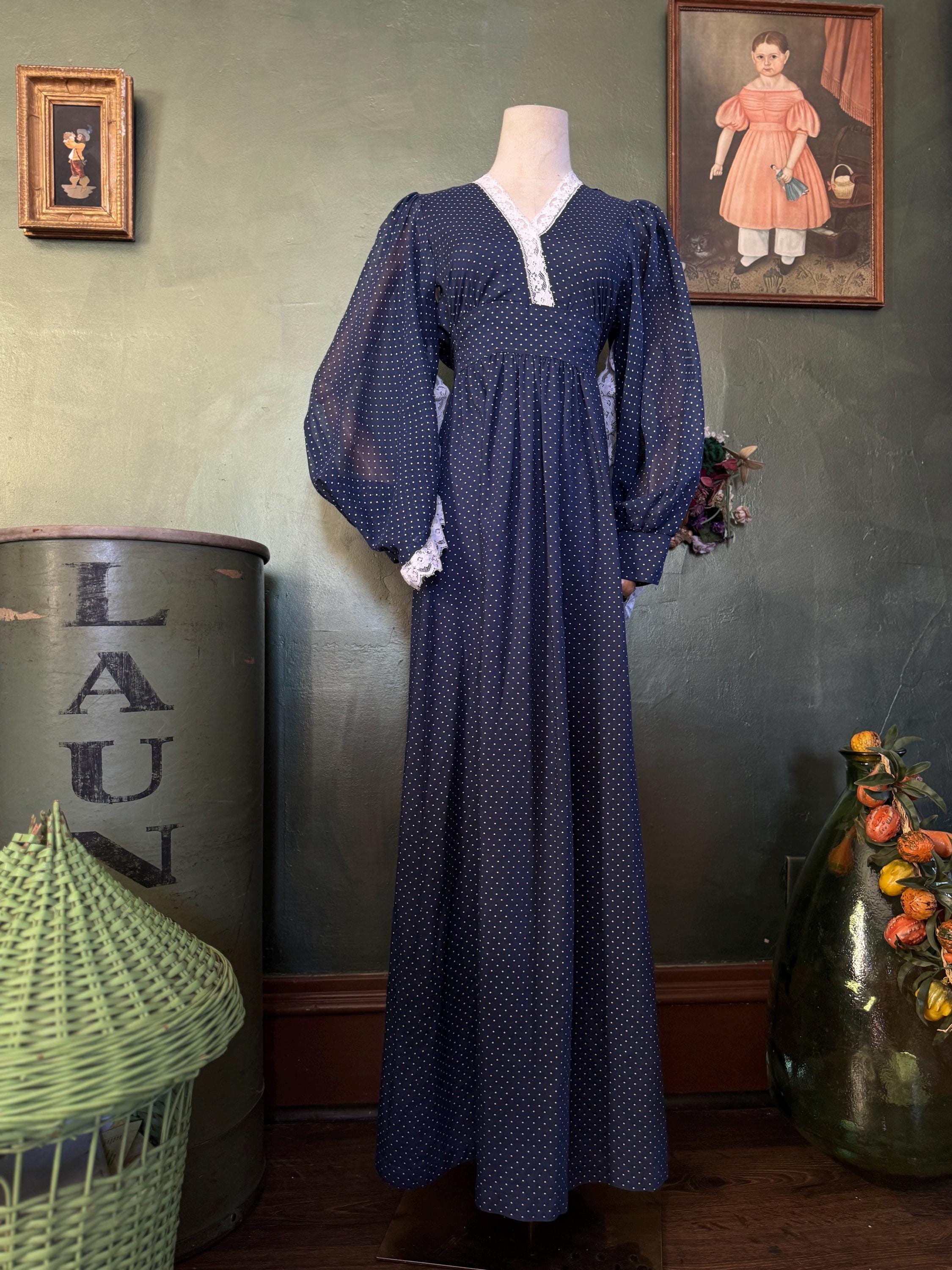 1970s  Navy Polkadot Angel Sleeve Prairie Dress