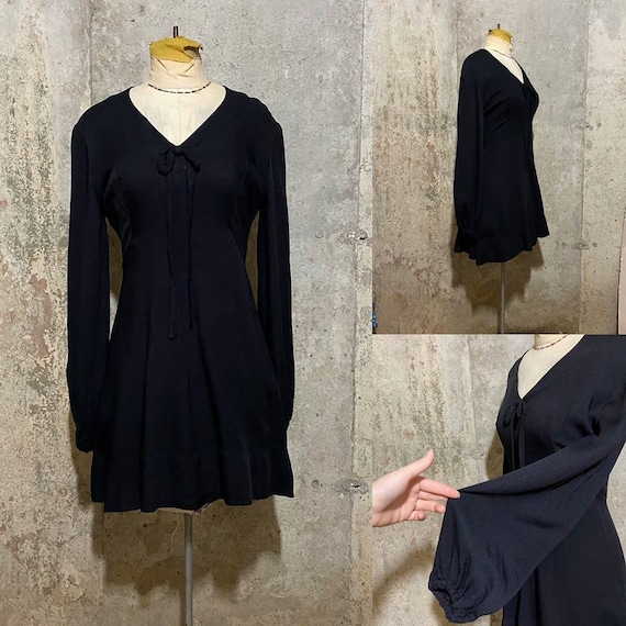 1960s Black Witchy Mini Dress With Long Bishop Sle