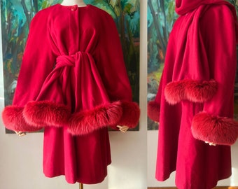 1980s cherry red fox fur trim coat