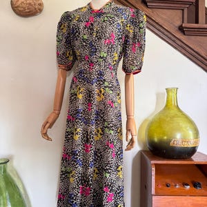 1930s  Rainbow Floral Print Puff Sleeve Chiffon Dress