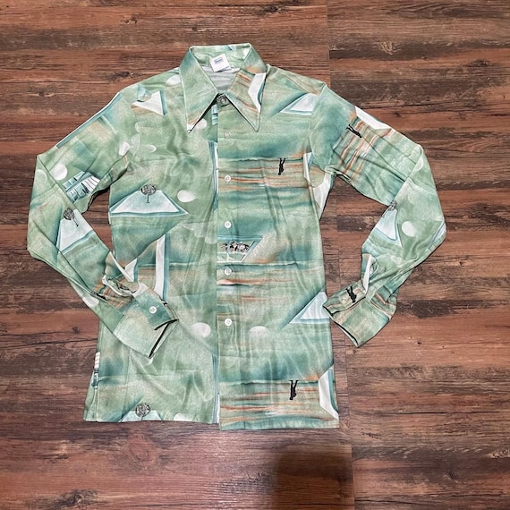 1970s green novelty print long sleeve shirt