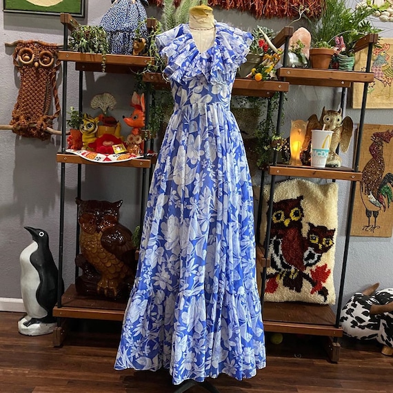 1970s Blue floral Halter Maxi Dress by Denise Are