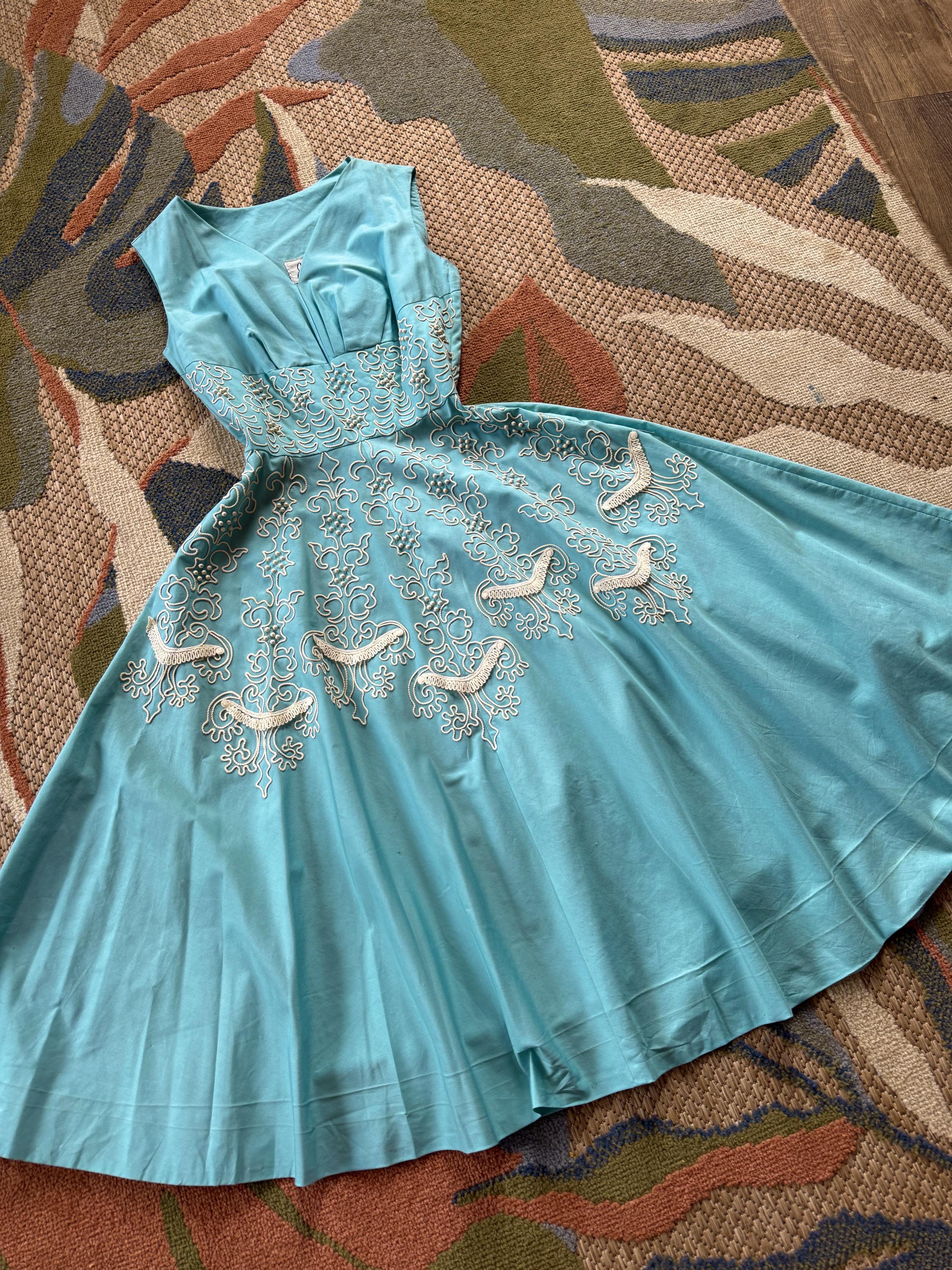 1950s Robin eggs blue soutache studded fit and flare dress