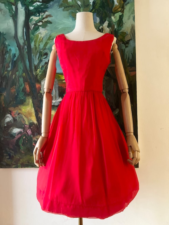 1960s  Red Chiffon Fit and Flare Dress - image 4