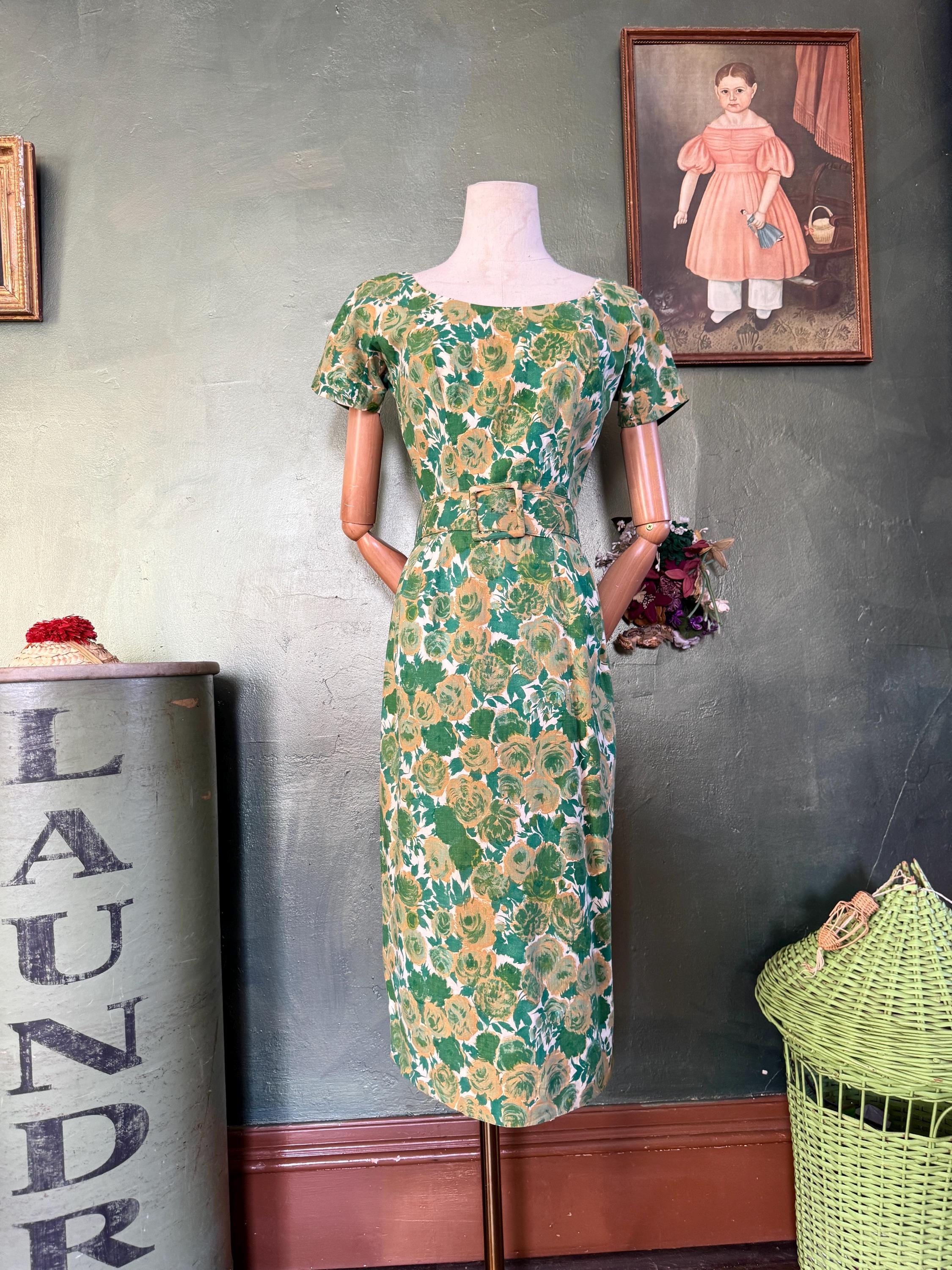 1950s  Green Rose Print Sheath Dress